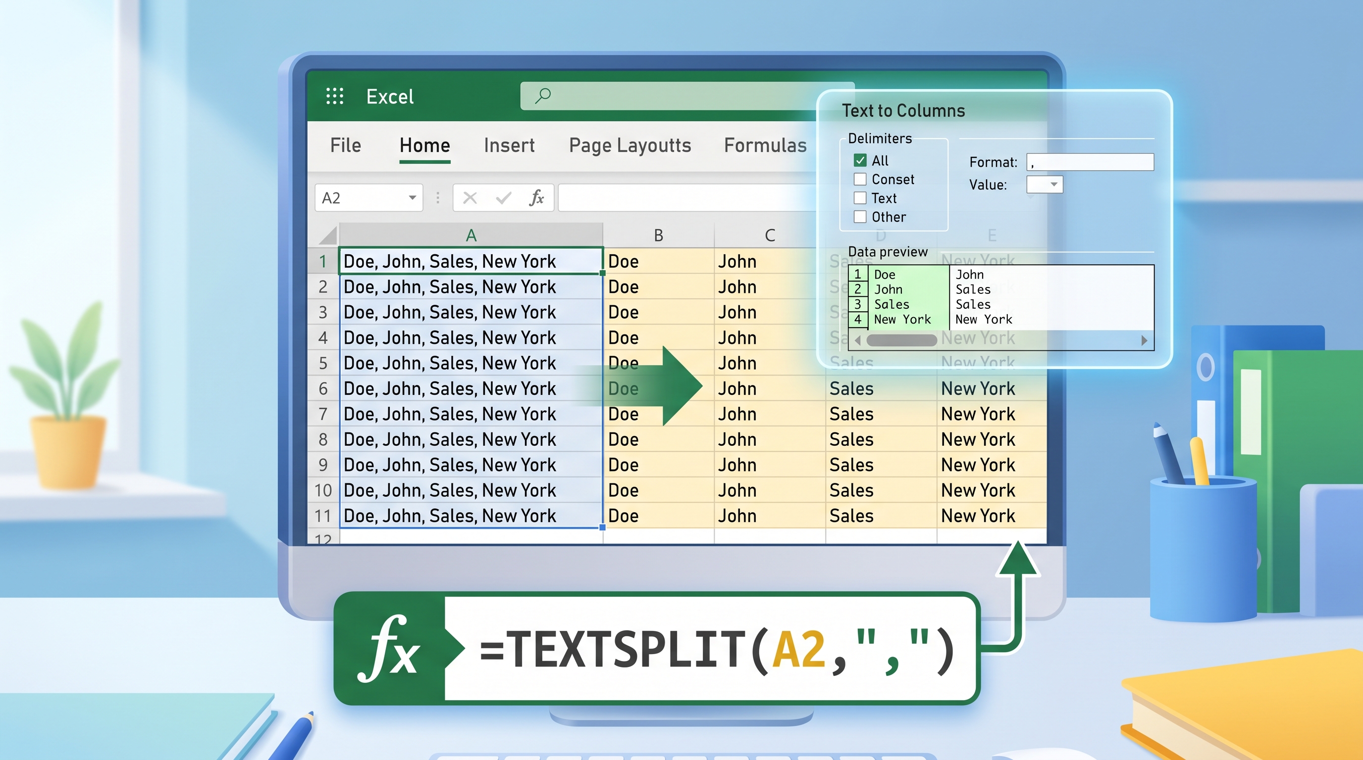 Illustration of splitting a text cell into separate Excel columns with Text to Columns and TEXTSPLIT